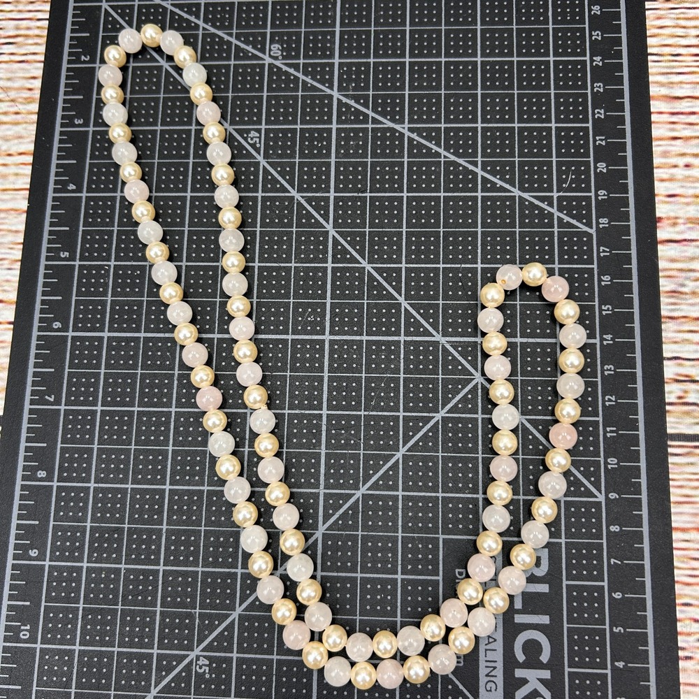 Rose Quartz Faux Pearl Beaded Opera Necklace Pink Cream Long Continuous Strand